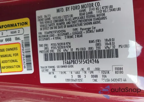 2015 Ford Mustang Gt Premium из США, поврежденный, VIN 1FA6P8CF5F5424246